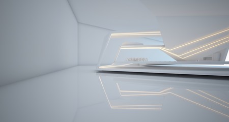 Abstract architectural white interior of a minimalist house with swimming pool and neon lighting. 3D illustration and rendering.