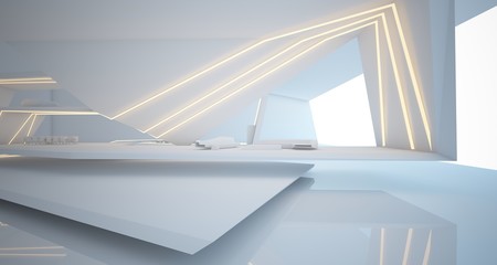 Abstract architectural white interior of a minimalist house with swimming pool and neon lighting. 3D illustration and rendering.