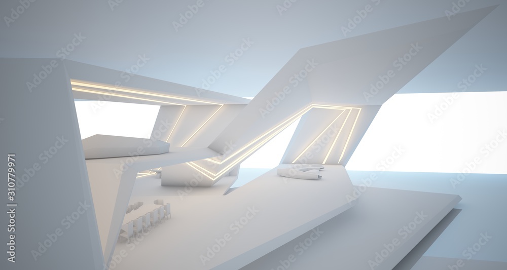 Wall mural abstract architectural white interior of a minimalist house with swimming pool and neon lighting. 3d