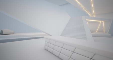 Obraz premium Abstract architectural white interior of a minimalist house with swimming pool and neon lighting. 3D illustration and rendering.