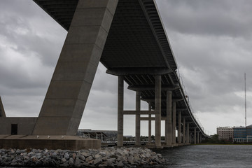 Closeup of the Arthur Ravenel Jr. Bridge viewed from below in Charleston, South Carolina