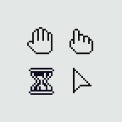 Cursor pixel art icons set, time cursor, hourglass, hand pointer, finger points, mouse arrow, design for logo, web, mobile app, badges and patches. isolated vector illustration. 8-bit.