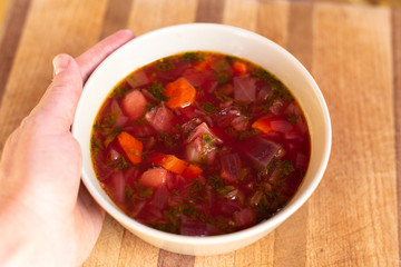 Traditional borscht with beets and carrots