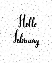 Hello February lettering typography card on dotted background.