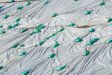 plastic sheeting laying over dirt in city construction along hillside
