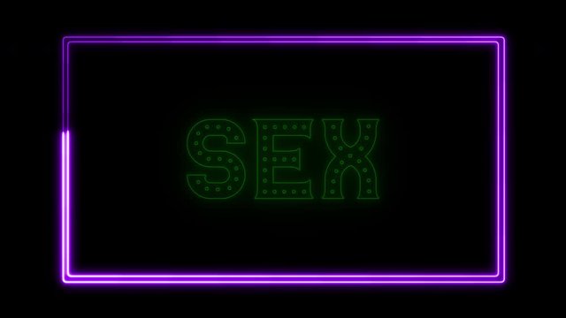 Sex, sensual neon sign fluorescent light glowing on banner background. Text sex by neon lights sign in dark night. The best stock sex, sexual neon flickering, flash and blinking color black background