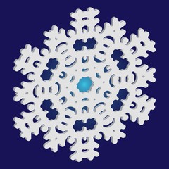 Cute snowflake with shadow on blue background.