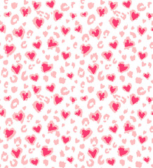 Leopard or jaguar print seamless pattern, textured fashion print, abstract safari background for fabric, textile. Effect of big tropical wild cat fur, spots stylized as hearts with pink camouflage