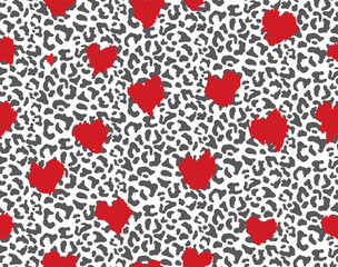 Leopard or jaguar with red heart print seamless pattern, textured fashion print, abstract safari background for fabric, textile. Effect of big tropical wild cat fur, spots stylized as heart camouflage
