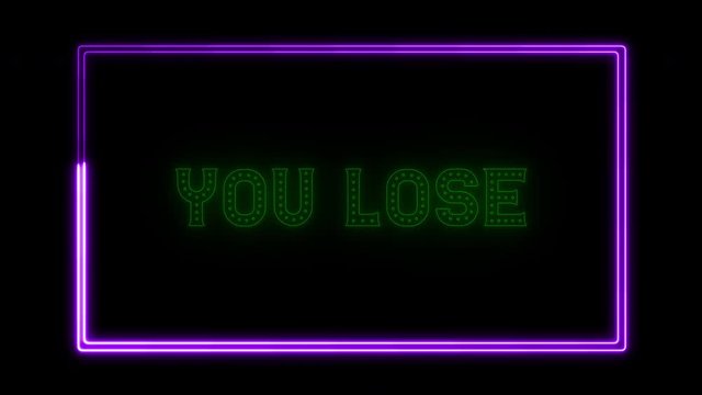 Lose, you lose neon sign fluorescent light glowing on banner background. Text losed game by neon lights. The best stock of animation neon flickering, flash and blinks color black background