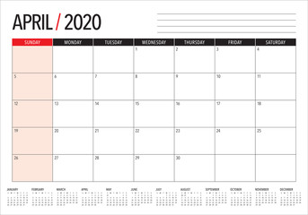 April 2020 desk calendar vector illustration