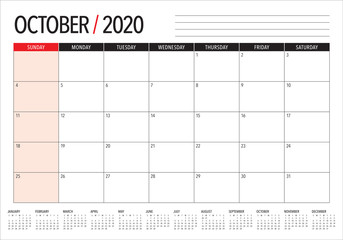 October 2020 desk calendar vector illustration