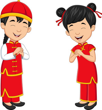 Cartoon chinese kids wearing traditional chinese costume