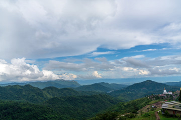 beautiful blue sky high peak mountains mist fog wildlife green forest at Khao Koh, Phu Tub Berk, Phetchabun, Thailand  guiding idea long weekend for backpacker camping campfire relaxing hiking