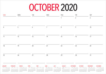 October 2020 desk calendar vector illustration