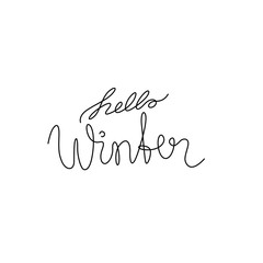 Hello winter inscription, continuous line drawing, hand lettering small tattoo, print for clothes, t-shirt, emblem or logo design, one single line on a white background, isolated vector illustration.