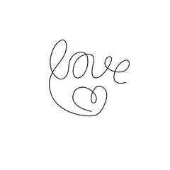 Love inscription in heart continuous line drawing, small tattoo, print for clothes and logo design, one single line on a white background, isolated vector. Hand lettering on Valentine's Day.