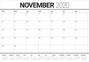 November 2020 desk calendar vector illustration