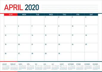 April 2020 desk calendar vector illustration