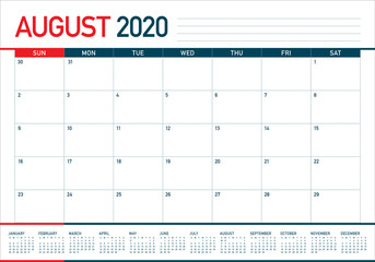 August 2020 desk calendar vector illustration
