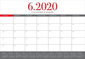 June 2020 desk calendar vector illustration