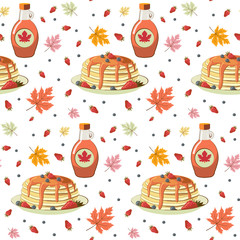 Pancakes with berries and maple syrup seamless pattern. Tasty breakfast and maple leaves seamless texture.