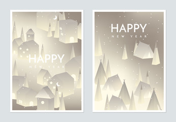 New year greeting card template design, polygon paper houses and tents with snow