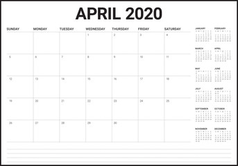 April 2020 desk calendar vector illustration