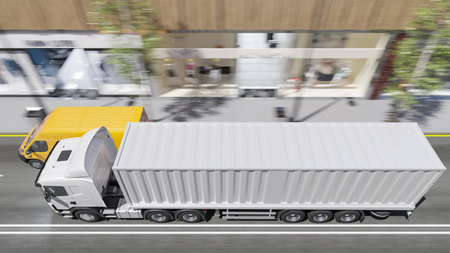 High Angle View of a Cargo Truck and Yellow Van on the Move 3D Rendering
