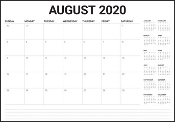 August 2020 desk calendar vector illustration