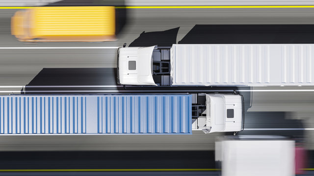 Top View of Semi Trucks with Blue and White Containers on the Move in Broad Daylight 3D Rendering