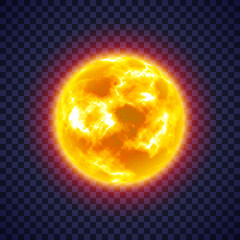 Sun with corona atmosphere on transparent background. Hot star of solar system. Galaxy discovery and exploration. Realistic cosmic vector illustration for design school education materials. - obrazy, fototapety, plakaty