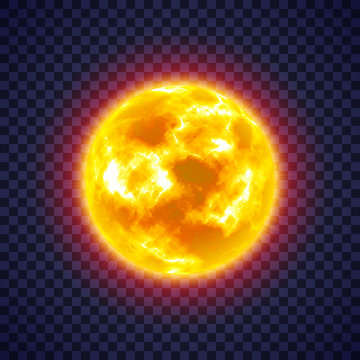 Sun with corona atmosphere on transparent background. Hot star of solar system. Galaxy discovery and exploration. Realistic cosmic vector illustration for design school education materials.