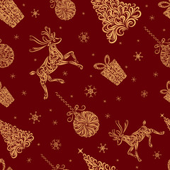 Christmas seamless pattern. Set of Christmas trees, Christmas balls, deer and gift. Image in burgundy and gold colors.
