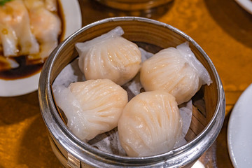 Crystal shrimp dumpling- xia jiao in bamboo dimsum steamer box