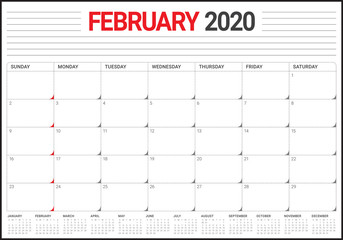 February 2020 desk calendar vector illustration