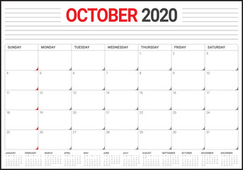 October 2020 desk calendar vector illustration