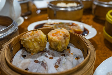 Steamed xiao mai in the Chinese dimsum steamer box