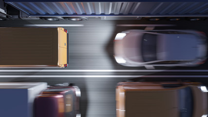 Obraz premium Top View of Private and Commercial Vehicles Moving in the Dark 3D Rendering