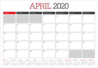 April 2020 desk calendar vector illustration