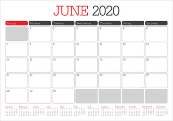 June 2020 desk calendar vector illustration
