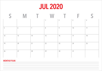 July 2020 desk calendar vector illustration