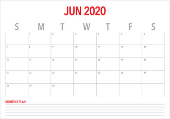 June 2020 desk calendar vector illustration