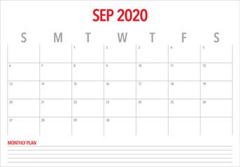 September 2020 desk calendar vector illustration