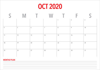 October 2020 desk calendar vector illustration