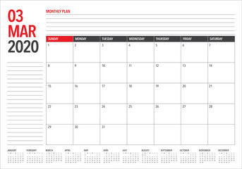 March 2020 desk calendar vector illustration