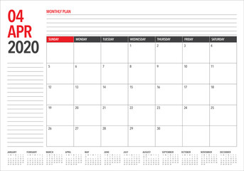 April 2020 desk calendar vector illustration