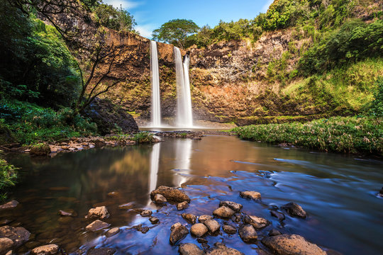 Wailua Falls on the hawaiian island of Kauai. this is a long exposure of the waterfall from the bottom after a short hike