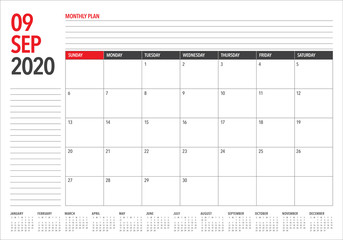 September 2020 desk calendar vector illustration