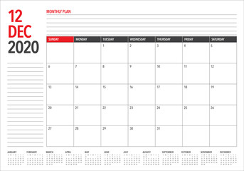 December 2020 desk calendar vector illustration